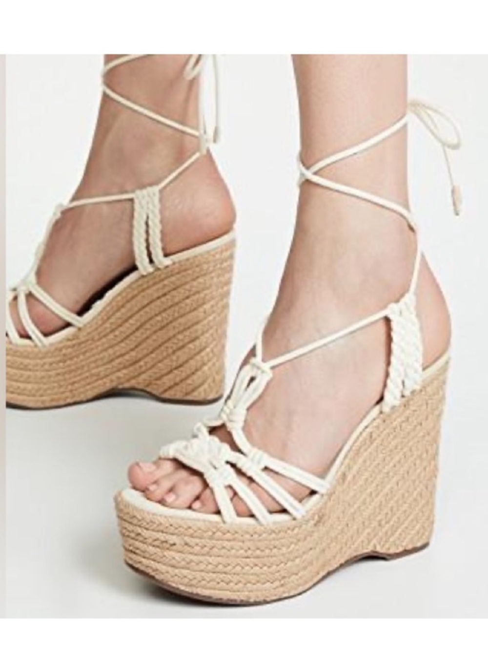 Schutz CRU IVORY Macris Ankle-Tie Knotted Wedge, Platform Espadrilles, US 10B